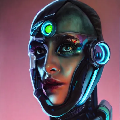 Image similar to hyperrealism oil painting portrait of cyberpunk cyborg fashion model with glowing eyes