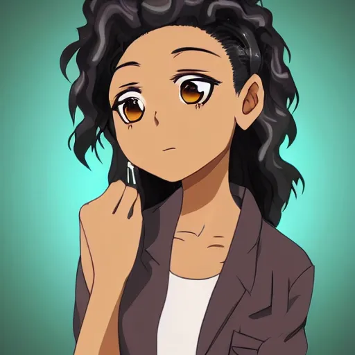 Prompt: A brown skinned woman with black curly hair as an anime character