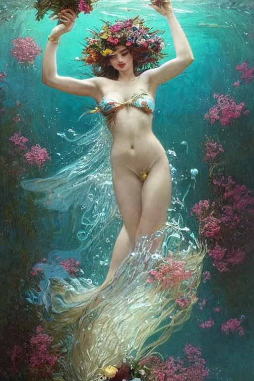 Prompt: portrait of a beautiful mysterious woman swimming underwater, holding a bouquet of flowing flowers, drenched clothing, long hair flowing in water, hands hidden under the bouquet, swimming upwards, fantasy, regal, intricate, by stanley artgerm lau, greg rutkowski, thomas kinkade, alphonse mucha, loish, norman rockwell