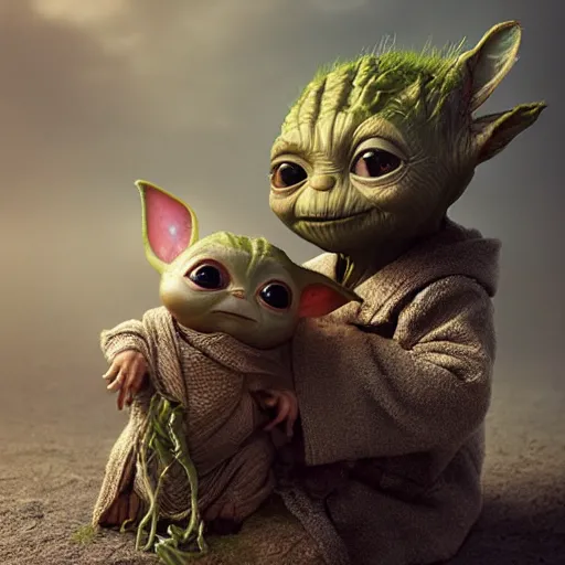 Image similar to photo realistic image of a baby groot hold baby yoda, stunning 3 d render inspired art by istvan sandorfi and greg rutkowski, perfect facial symmetry, realistic, highly detailed attributes and atmosphere, dim volumetric cinematic lighting,