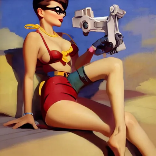 overwatch's tracer in a 1 9 5 0's pinup art,, Stable Diffusion