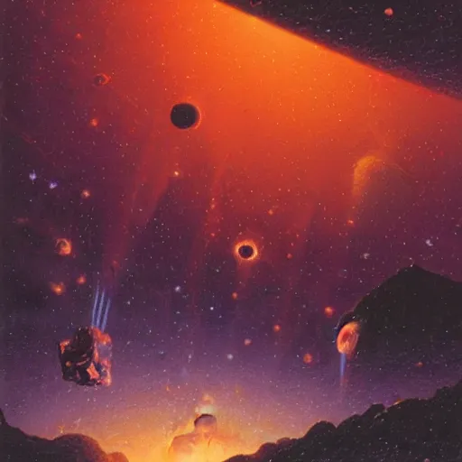 Image similar to a village hanging off a cliff on mars, earth in the background, starry nebula, by paul lehr,