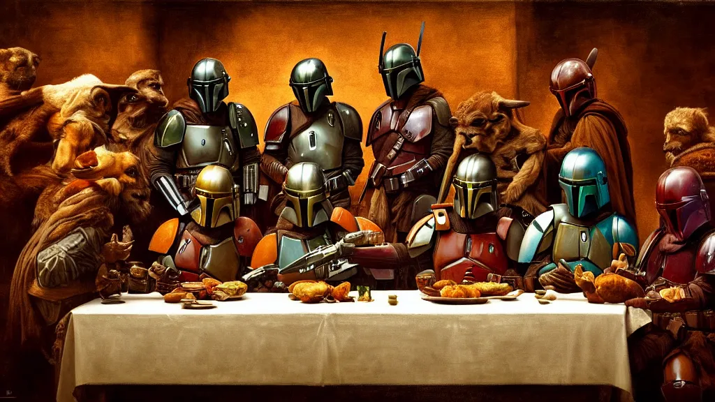 Image similar to mandalorian last supper, by leonardo davinci, concept art, oil painting, art station, dynamic lighting, highly detailed, very detailed, 4 k