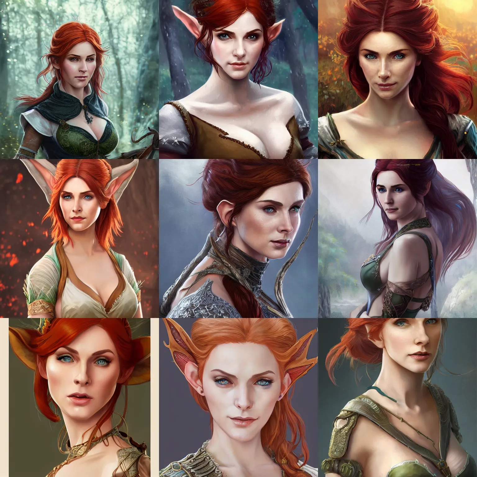 Prompt: alluring high-res photo portrait of an attractive young elf woman (played by Triss from Witcher 3), clothed in a chesty fantasy outfit, intricate, elegant, highly detailed, digital painting, trending on Artstation, concept art, smooth, sharp focus, illustration, in the style of artgerm and greg rutkowski and alphonse mucha