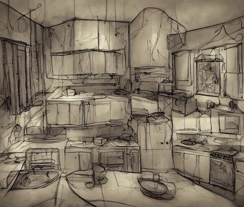 Image similar to An of interior of a kitchen at night, rotoscoped, rotoscope, photoshop, photomanipulation, realism, painting, illustration and sketch, weird scribbles, hybrid styles, hybrid art styles, mismatched, trending on artstation, trending on deviantart, weird, quirky, interesting, very detailed, highly detailed, HD Quality, 4k resolution, 8k resolution, in the style of David Firth, in the style of James Lee, in the style of Drue Langlois,