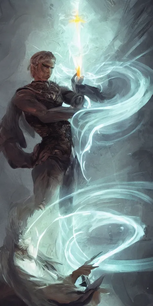 Image similar to 'a professional painting of a handsome young necromancer wizard casting an evil spell with a glowing spellbook, olive skin, buzzed short dark hair, beautiful bone structure, symmetrical facial features, intricate, elegant, digital painting, concept art, smooth, sharp focus, illustration, from Metal Gear, by Ruan Jia and Mandy Jurgens and Artgerm and William-Adolphe Bouguereau'