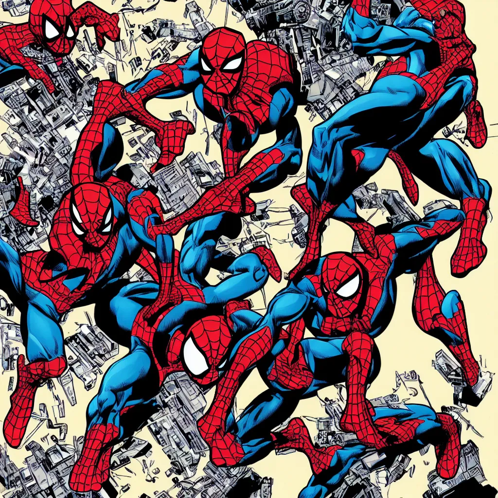 Prompt: comic book panel with spider-man posing with The Terminator in the style of Jim Lee