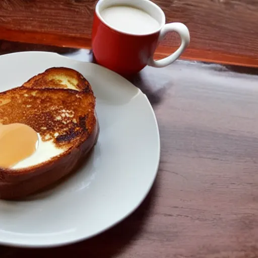 Prompt: French toast a cup of coffee with milk beside of the plate, Michelin star, award winning