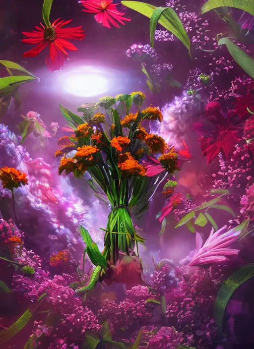 Image similar to An epic fantastic realism comic book style painting of the most beautiful flowers launched into space, bouquets, fisheye lens, unreal 5, DAZ, hyperrealistic, octane render, dynamic lighting