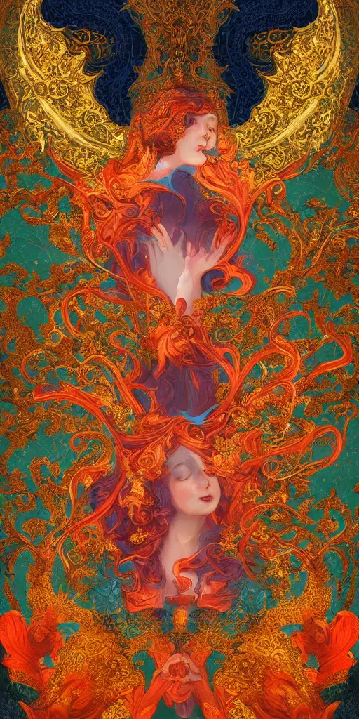 Prompt: ai dreams of god. baroque, deep focus, fantasy, intricate, elegant, highly detailed, digital painting, artstation, sharp focus, illustration. scarlet - green and mustard - indigo and azure - orange and white color scheme.