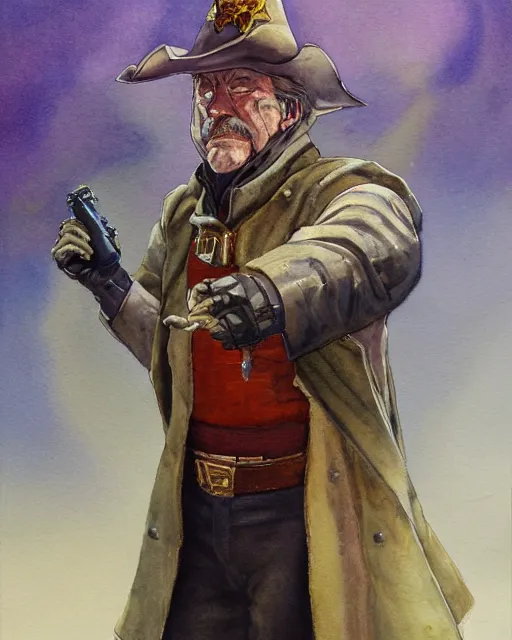 Image similar to a oil / watercolor painting full body character portrait of a sheriff / wizard in the style of moebius in the style of leonard boyarsky trending on artstation deviantart pinterest detailed photorealistic highlights and shadow hd 8 k post - processing high resolution