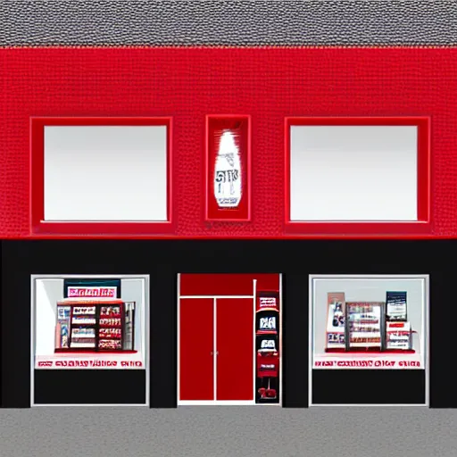 Prompt: Shopfront of a convenience store in black and red colours, award winning architectural design, best of retail