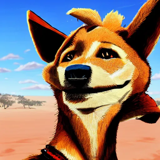 Image similar to stylized three quarters portrait concept art of the anthro anthropomorphic dingo dog head animal person fursona wearing clothes adventurer standing in australia outback, hidari, color page, tankoban, 4 k, tone mapping, akihiko yoshida, clean bright happy