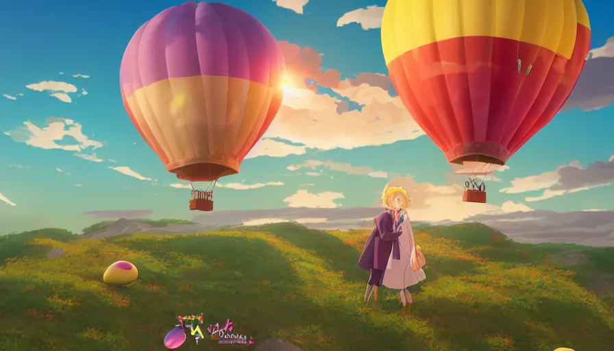 Image similar to a colorful easter egg as hot air balloon, sunset, serene evening atmosphere, soft lens, soft light, cel - shading, animation, in the style of cgsociety, deviantart, artstation, zbrush, cinema 4 d, studio ghibli, akihiko yoshida, atelier lulua, masamune shirow