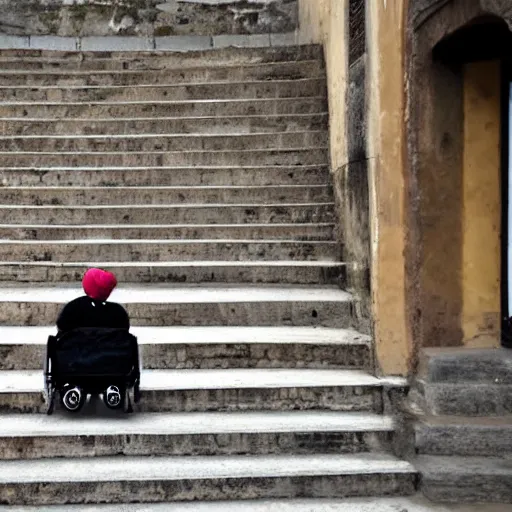 Image similar to an obese indian in a wheelchair on steps in Porto, detailed photo