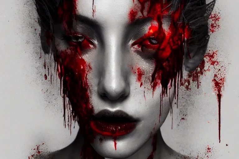 Image similar to surreal Half-body Portrait of beautiful seductive Dark demonic godeness of destruction and war covered in blood , elegant, highly detailed, smooth, photoreal, sharp focus, illustration, beautiful, geometric, dmt trending on artstation, cinematic, artwork by WLOP