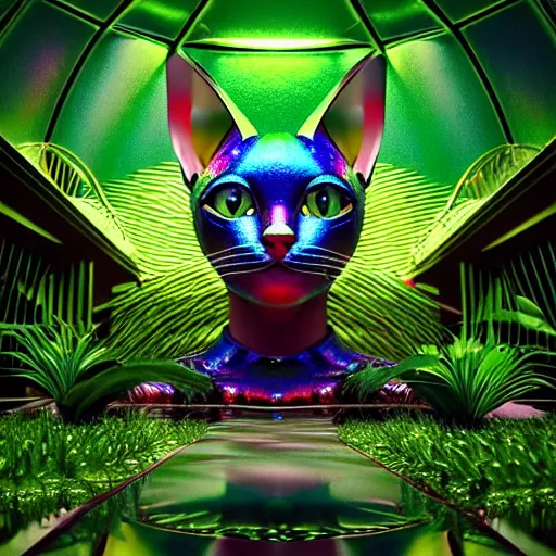 Image similar to giant iridescent mix between a feline and bug android creature in lush jungle, raining, foggy, moody, :: by Jeff Koons, Dan McPharlin Daniel Merrian :: ornate, dynamic, particulate, rich colors, intricate, elegant, highly detailed, centered, artstation, smooth, sharp focus, octane render, 3d