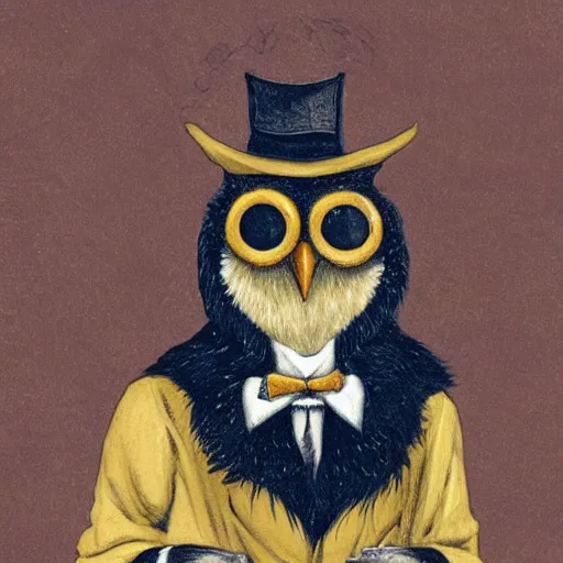 Image similar to portrait of an owlfolk wizard with a monocle, holding a spellbook