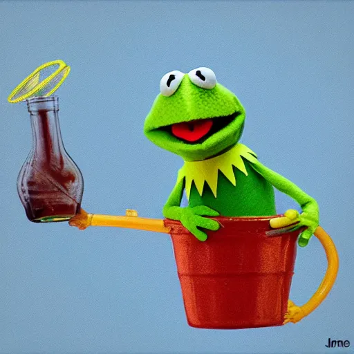 Prompt: kermit the frog running for soda in the style of muppets by jim hansen