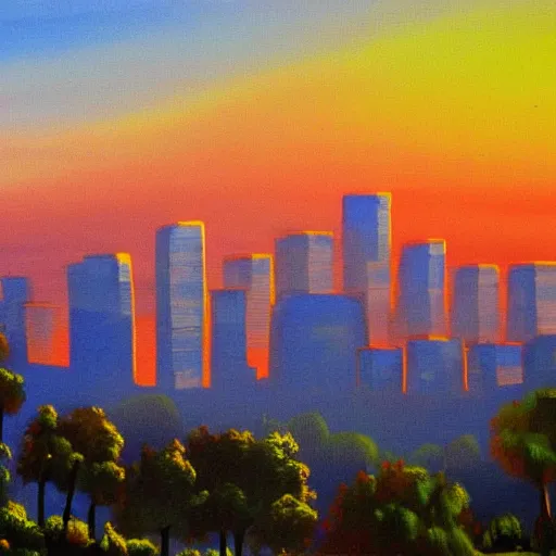 Prompt: skyline of los angeles painted by bob ross, realistic, sunset, mysterious,