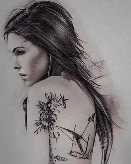 Image similar to creative double exposure effect tattoo design sketch of megan fox faded in beautiful mountain scenery, realism tattoo, in the style of matteo pasqualin, amazing detail, sharp