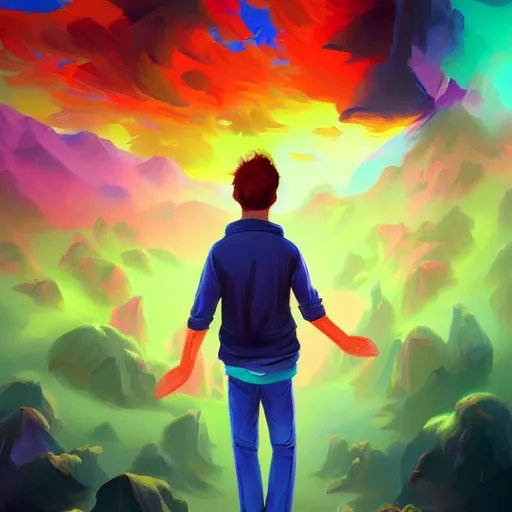 Prompt: a painting of a man in a colorful outfit, digital art by cyril rolando, trending on artstation, fantasy art, mystical, vibrant colors, vivid colors, splash of digital glowing paint