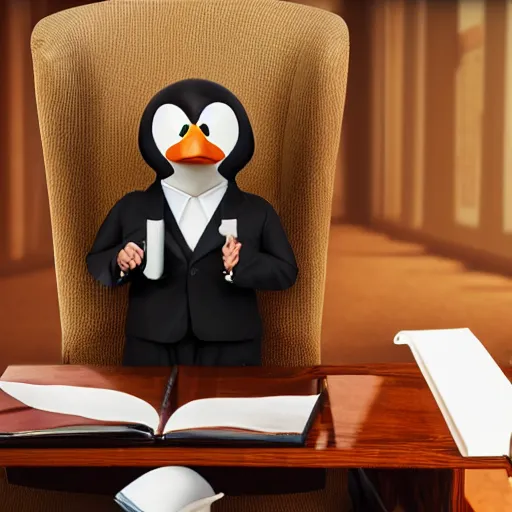 Prompt: cinematic shot of an anthropomorphic penguin wearing a suit and tie and holding a cigar in an office, very detailed, very intricate,