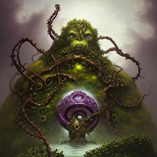 Prompt: On a domed structure made of tentacled rock vines, there is an orc fused and blended with the vines, a purple crystal pulsing in his chest, orc on vines, orc fused with vines, orc merged with vines, Peter Mohrbacher, artwork by Peter Mohrbacher