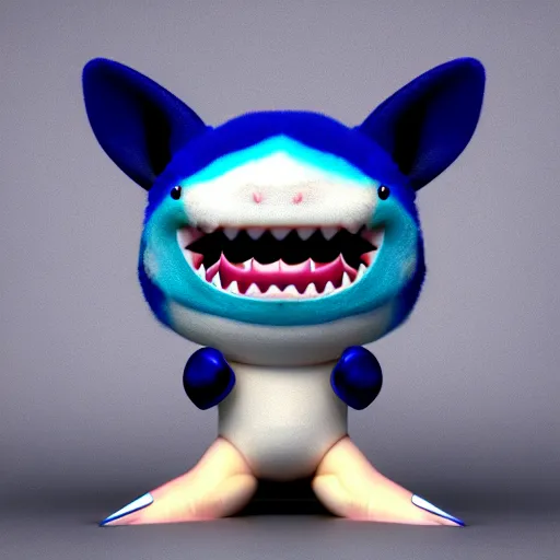 Image similar to cute baby shark with short blue fur smiling, funko pop, beanie baby, daz 3 d, octane render, studio lighting