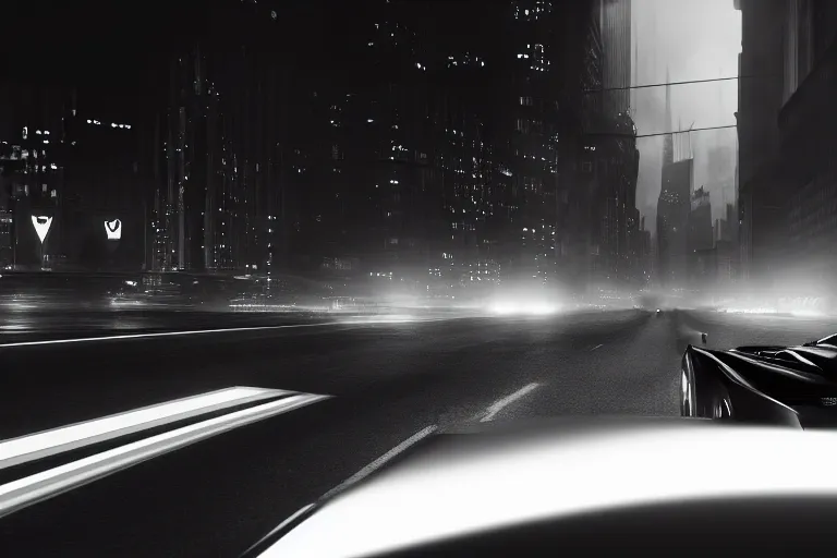 Image similar to the batmobile driving through gotham city at night. fluorescent light. pov from behind the wheel. octane render. 8 k. monochrome. black and white. mist. atmospheric. cinematic. hdr, raytracing, global illumination. a matte painting by ash thorp.