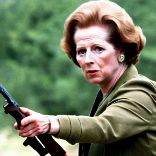 Image similar to A movie still of Margaret Thatcher as Rambo in Rambo First Blood (1982)