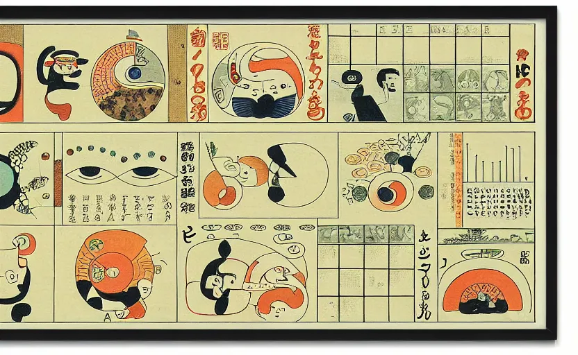 Image similar to business dashboard with time series charts, pie plots and other modern graphics, with small creatures with many eyes. diego rivera ( with slight ukiyo - e influence ). ravi supa.