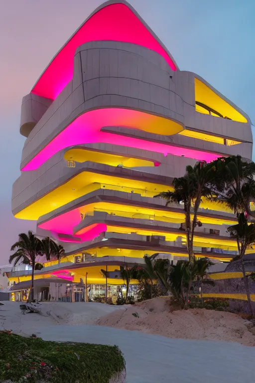 Image similar to buliding design by ricardo bofil, function is airport ， red and yellow and pink ， dusk seaside ， photography ， 8 k