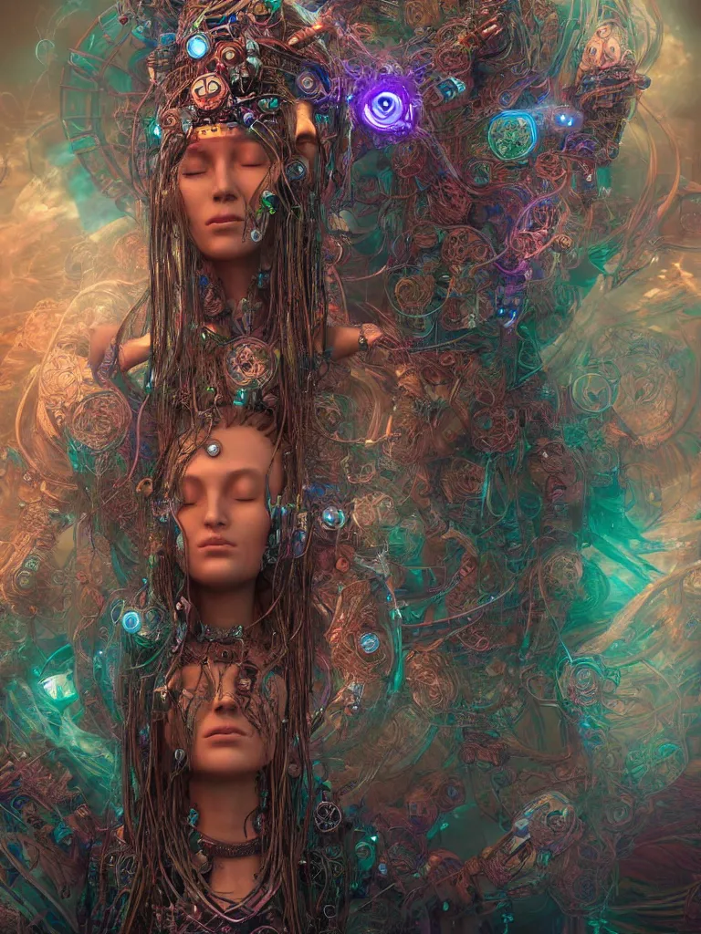 Image similar to an ancient mystical alluring female shaman generating flowing energy and surrounded by wisps of incense smoke sits meditating in a magical cybernetic robot temple, face face face, by android jones and vitaly bulgarov, 3 d, cinema 4 d render, trending on artstation