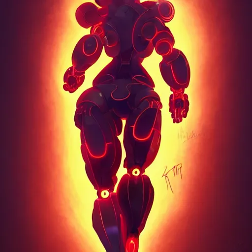 Image similar to a full body character design by artgerm, cushart krenz, ross tran, alphonse mucha. fiery flaming faceless humanoid robot mech giant!! bold outline sharp edges. ultra clear detailed. 8 k. elegant, neon colors, dynamic angle, intricate complexity, epic composition, action pose, cinematic lighting masterpiece