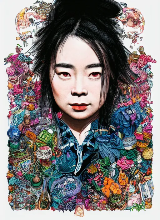 Prompt: closeup portrait of mitski, an ultrafine detailed illustration by james jean, intricate linework, bright colors, final fantasy, behance contest winner, vanitas, angular, altermodern, unreal engine 5 highly rendered, global illumination, radiant light, detailed and intricate environment