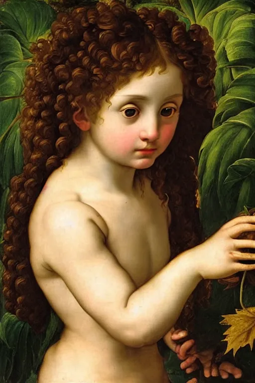 Image similar to renaissance painting of young girl in the garden, closeup, curly long hair, face closeup, emotions closeup, dressed in roman armour, the beautiful garden with maple leaves everywhere, ultra detailed, art by guido reni style, vincenzo catena style