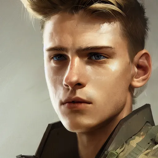 Image similar to Portrait of a man by Greg Rutkowski, he is about 20 years old, norwegian, short blond hair, young, manly, attractive, strong, older brother vibes, he is wearing futuristic military fatigues, highly detailed portrait, scifi, digital painting, artstation, concept art, smooth, sharp foccus ilustration, Artstation HQ