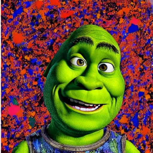 Image similar to shrek in the style of a jackson pollock painting