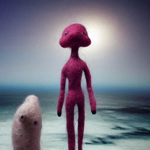 Image similar to A beautiful digital art of a human-like creature with long, stringy hair. The figure has no eyes, only a mouth with long, sharp teeth. The creature is standing on a cliff overlooking a dark, foreboding sea. needle felting by Shaun Tan, by Tony Oursler realistic