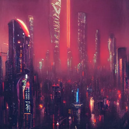 Prompt: cyberpunk tokyo skyline, cyberpunk 2 0 7 7 and beksinski art style painting, highly detailed