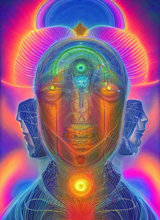 Image similar to humankind transcendence into collaborative intelligence, group intelligence, ai, by alex grey, album cover, award winning, beautiful, colorful, volumetric lighting, trending on artstation