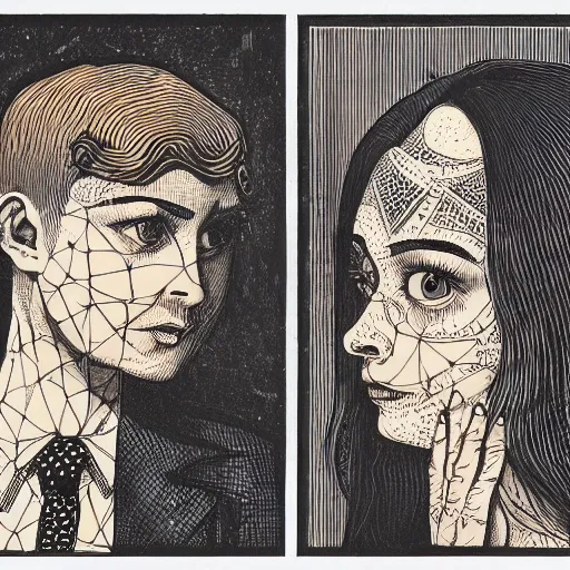 Image similar to perfectly centered symmetrical split male and female portrait of man and woman in love sharing one heart. illustration, highly detailed, simple, no jagged lines, smooth, artstation, artwork by ravi zupa