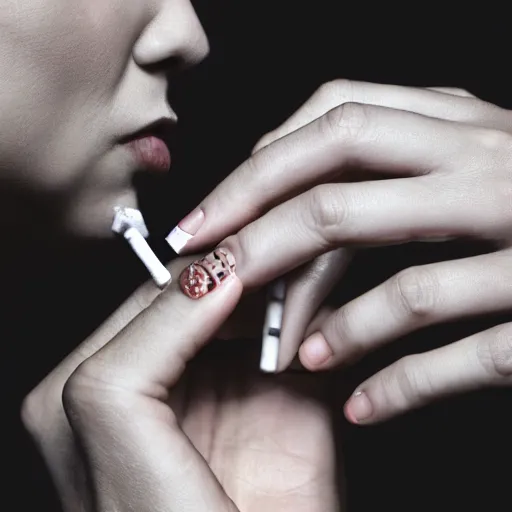 Image similar to a normal female hand with five fingers and ring hold joint, a cigarette between the middle and index fingers, a cigarette, smoke