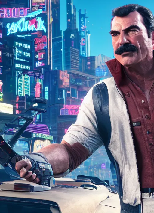 Image similar to film still of tom selleck as johnny silverhand in cyberpunk 2 0 7 7, gameplay, 8 k, hd