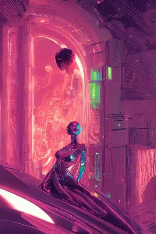 Image similar to the most amazing dream you ever had about beautiful woman transhumanism artificial intelligence singularity, hyper realistic, concept art, intricate, hyper detailed, smooth, syd mead, high contrast, neon, volumetric lighting, octane, raytrace, moebius