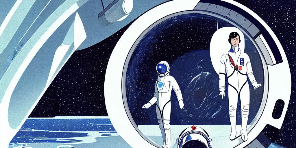 Image similar to a portrait of lonely single Alain Delon alone pilot in spacesuit posing in symmetrical spaceship station landing laying lake artillery porthole captain bridge outer worlds hyper contrast in FANTASTIC PLANET La planète sauvage animation by René Laloux