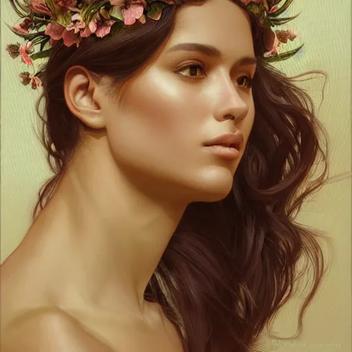 Prompt: Brazilan Supermodel posed in profile, wearing a floral crown, olive skin, long dark hair, beautiful bone structure, intricate, elegant, highly detailed, digital painting, artstation, concept art, smooth, sharp focus, illustration, art by artgerm and greg rutkowski and alphonse mucha