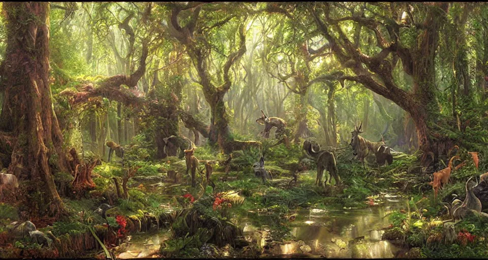 Image similar to Enchanted and magic forest, by James Gurney