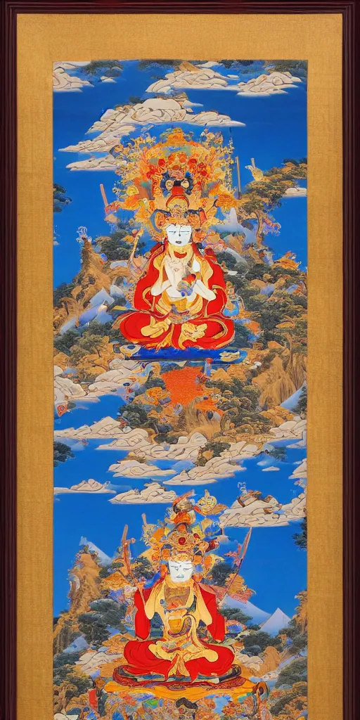 Prompt: a Beautifully exquisite WUKONG Thangka, with intricate details and bright colors. The background is a deep blue, with mountains and clouds. The thangka is framed in a gold border, from which rays of light are emanating, by WU DAOZI, zhang xuan, qiu ying, Chris Saunders,